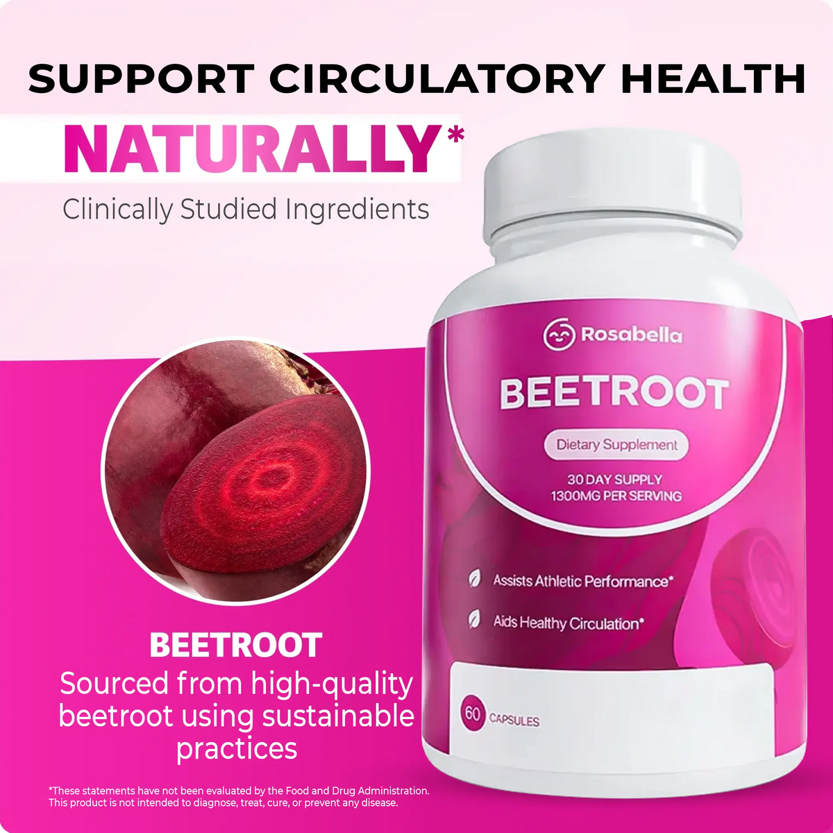 Rosebella Organic Beetroot Capsules (1300mg) for Blood Flow & Heart Health