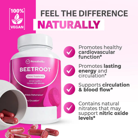 Rosebella Organic Beetroot Capsules (1300mg) for Blood Flow & Heart Health